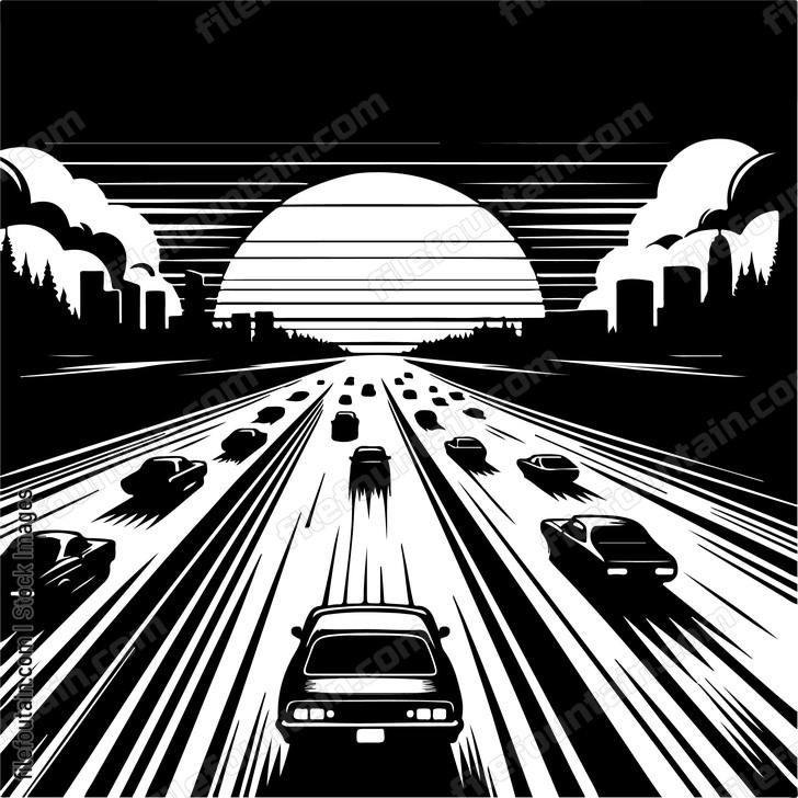 Cars speeding on an open highway at sunset