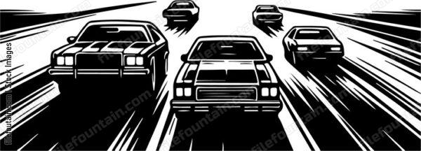 Cars speeding on an open highway at sunset