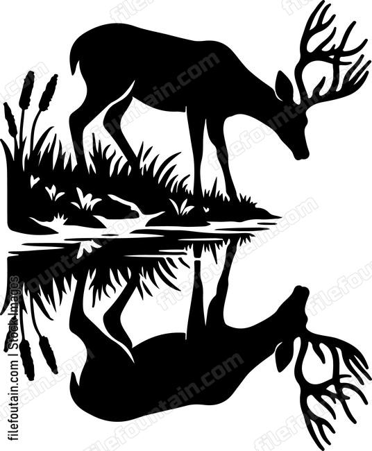 Deer gazing curiously at its reflection in a still pond
