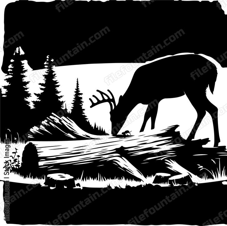 Deer investigating a fallen log for insects