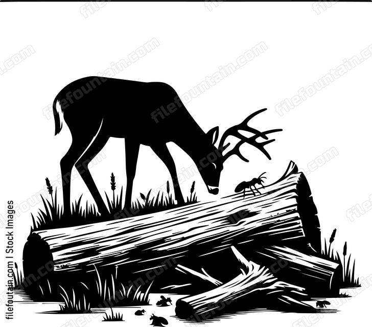 Deer investigating a fallen log for insects