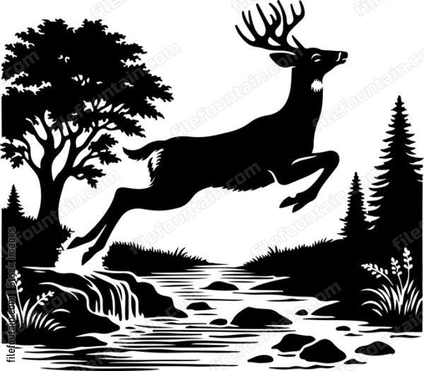 Deer leaping gracefully over a babbling brook