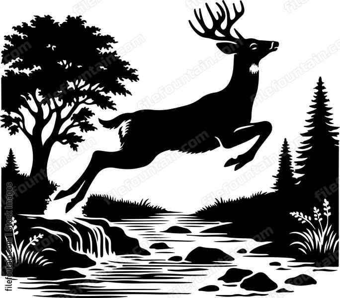 Deer leaping gracefully over a babbling brook