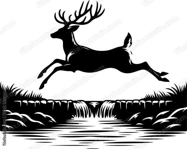 Deer leaping gracefully over a babbling brook