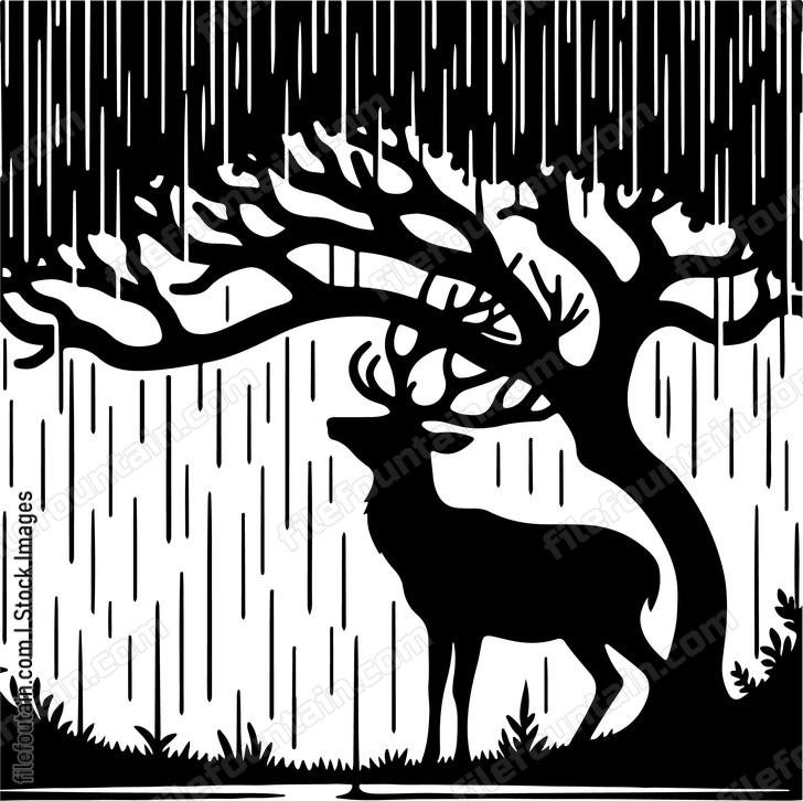 Deer seeking shelter under a canopy of trees during rainfall