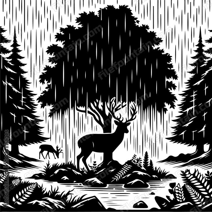 Deer seeking shelter under a canopy of trees during rainfall