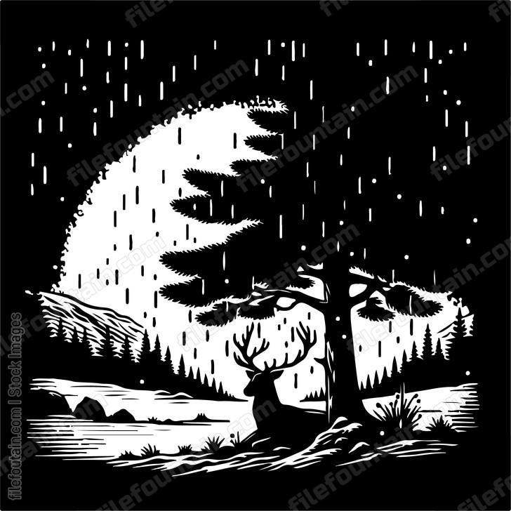 Deer sheltering under a pine tree during a rain fall