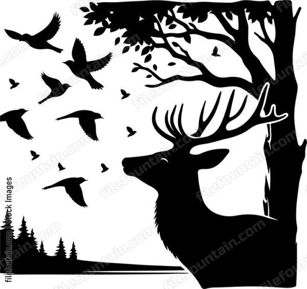 Deer watching curiously as birds flutter nearby