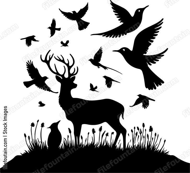 Deer watching curiously as birds flutter nearby