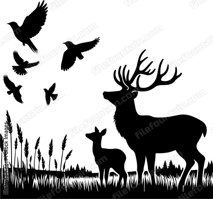 Deer watching curiously as birds flutter nearby