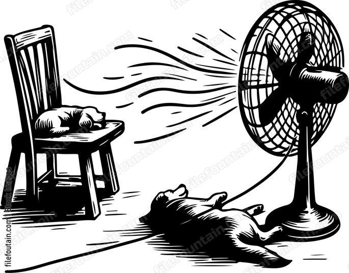Electric fan directing airflow towards a pet resting in its vicinity