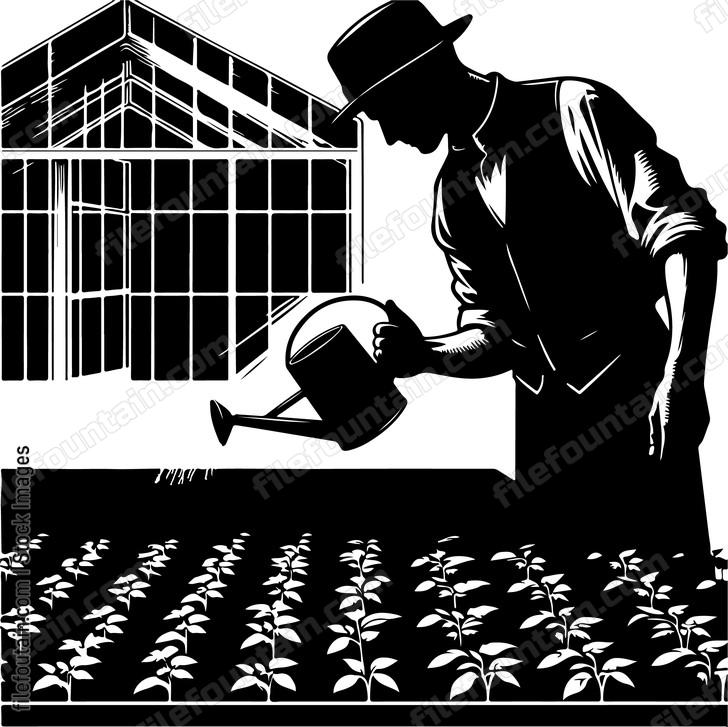 Farmer hand watering delicate seedlings in a greenhouse