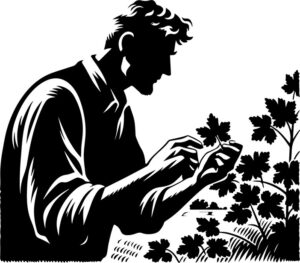 Farmer inspecting crops for signs of pests or disease