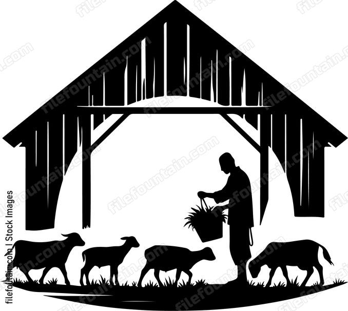 Farmer tending to a variety of livestock in a barn