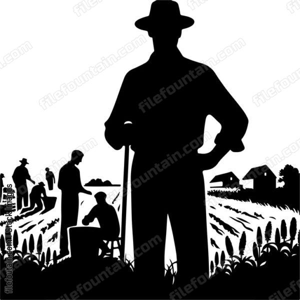 Farmer with workers gathering crops
