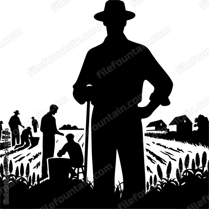 Farmer with workers gathering crops