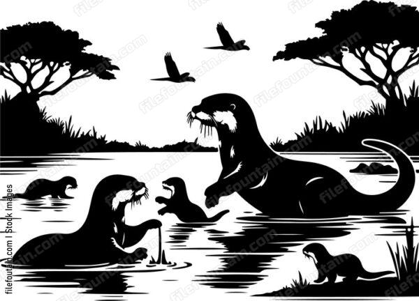 Giant river otters frolicking and playing in a blackwater lagoon