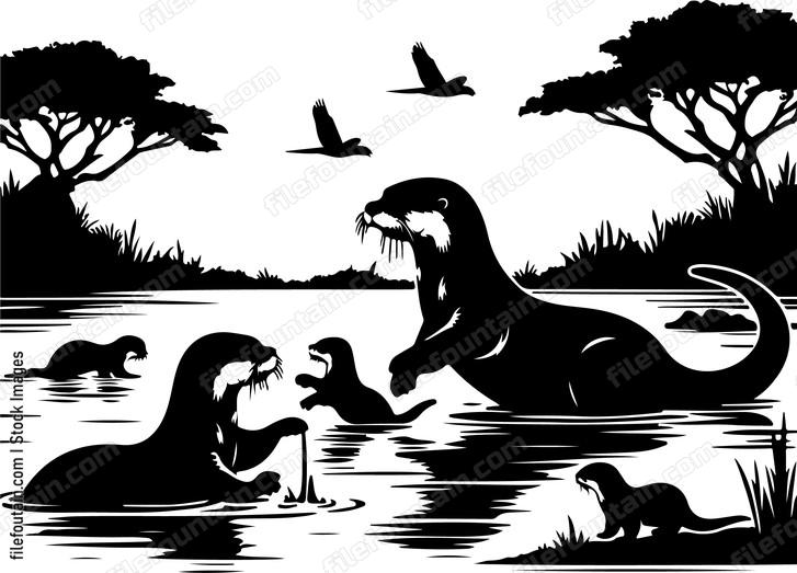 Giant river otters frolicking and playing in a blackwater lagoon