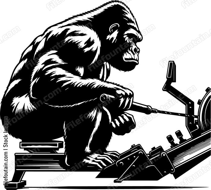 gorilla using a rowing machine