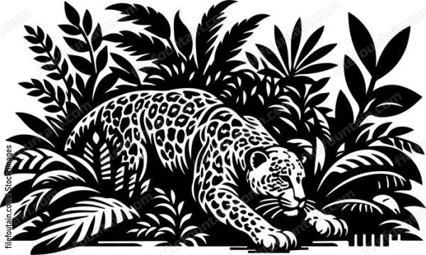 Jaguar stealthily stalking its prey through dense foliage