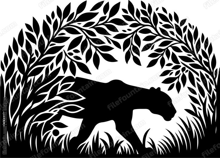 Jaguar stealthily stalking its prey through dense foliage