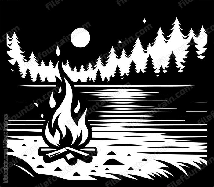 Lake at night illuminated by a bonfire on the shoreline