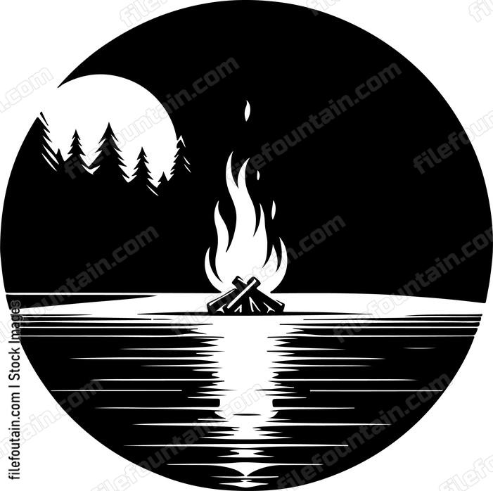 Lake at night illuminated by a bonfire on the shoreline