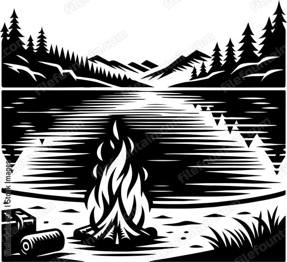 Lake at night illuminated by a bonfire on the shoreline