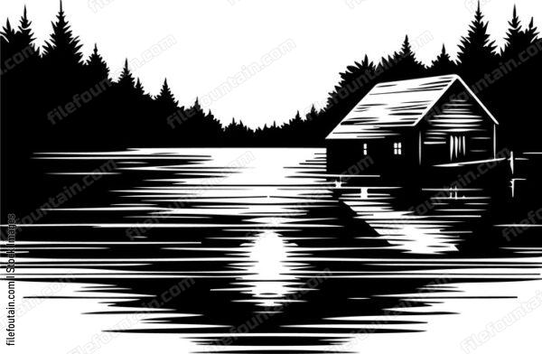 Lake at night with the mysterious reflection of an old boathouse