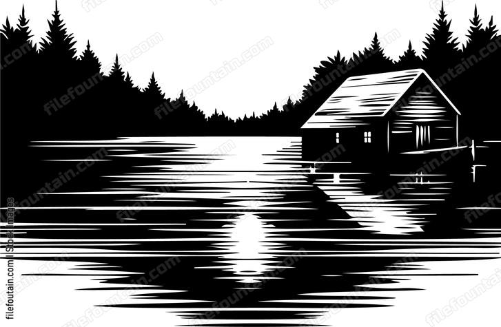 Lake at night with the mysterious reflection of an old boathouse