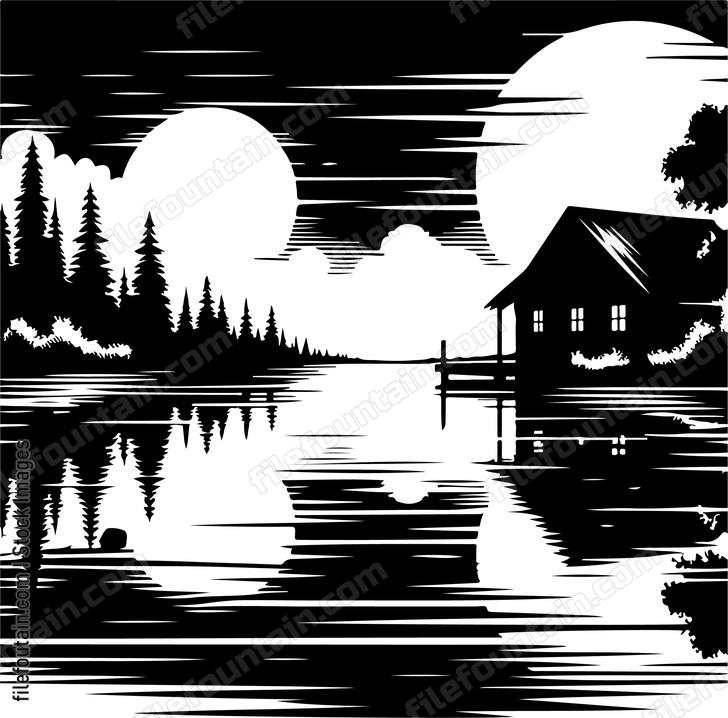 Lake at night with the mysterious reflection of an old boathouse