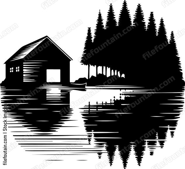 Lake at night with the mysterious reflection of an old boathouse