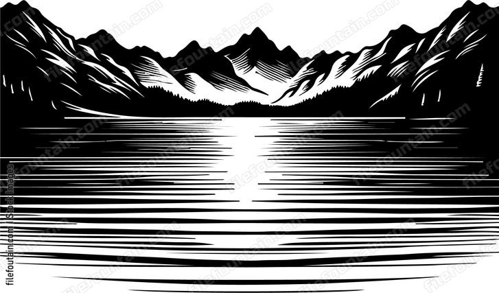 Lake at night with the silhouette of mountains in the background