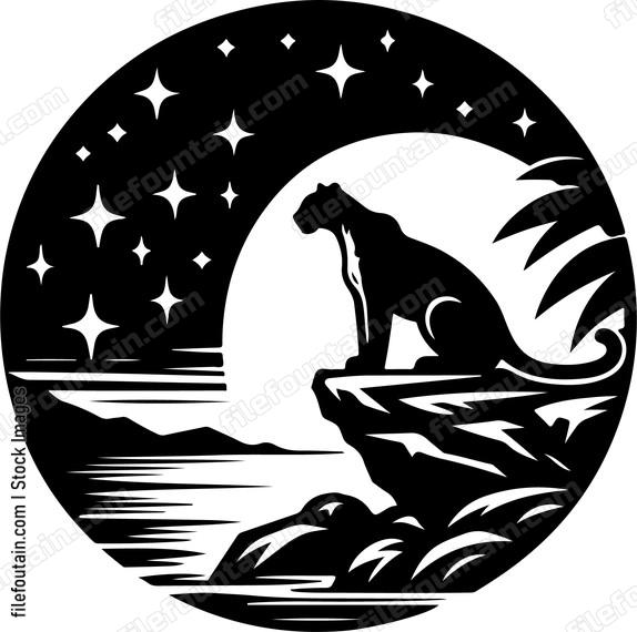 Leopard gazing at the starry night sky from a rocky ledge