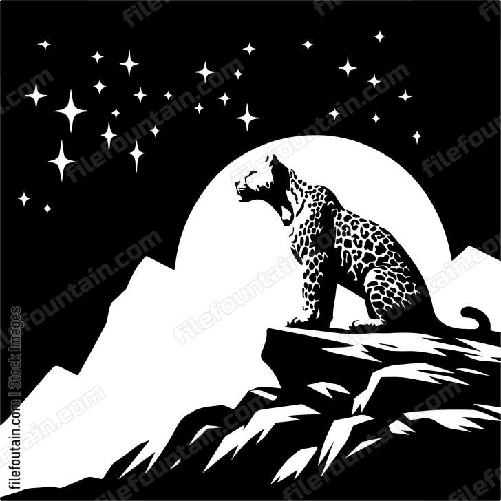 Leopard gazing at the starry night sky from a rocky ledge
