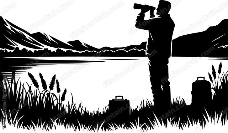 Man gazing with binoculars beside the tranquil waters of the lake
