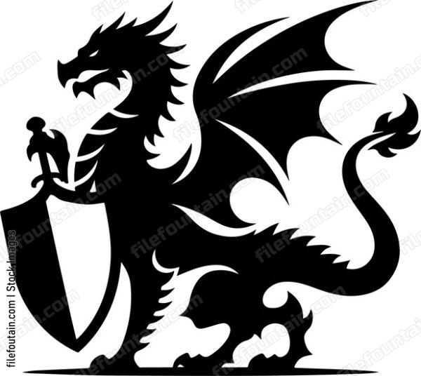 Medieval dragon holding a shield
