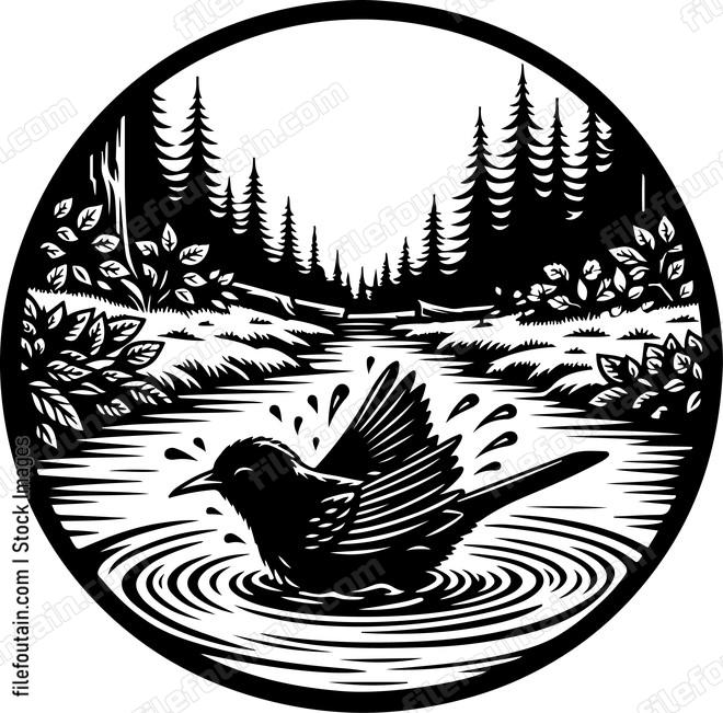 oriole bathing in a gentle forest stream