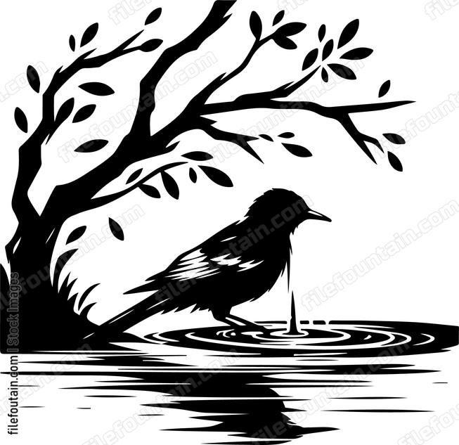 oriole bathing in a gentle forest stream