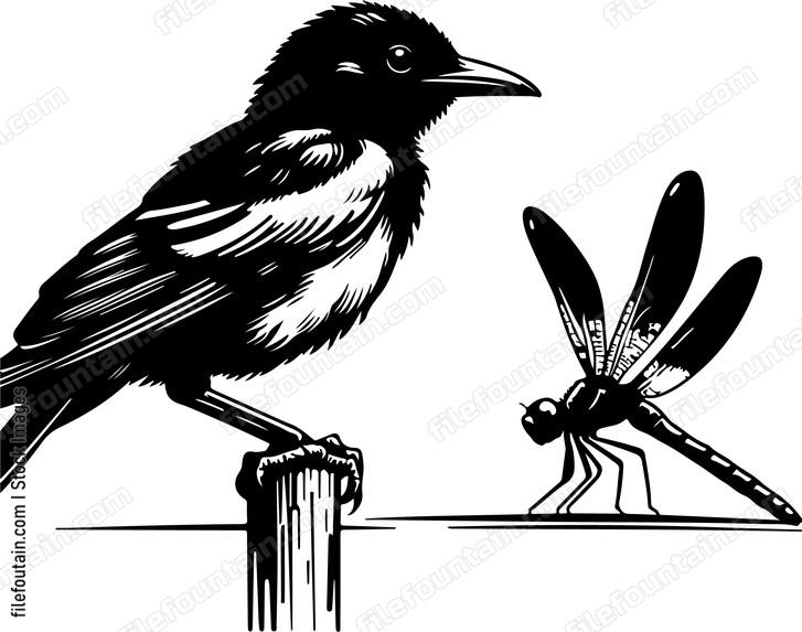 oriole gazing curiously at a passing dragonfly