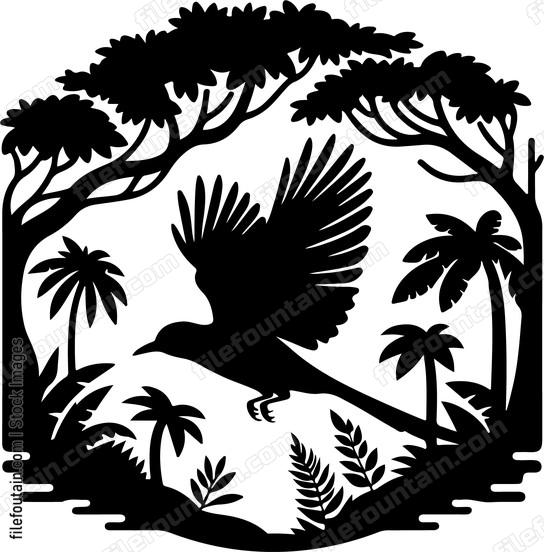 oriole gliding gracefully through a rainforest canopy