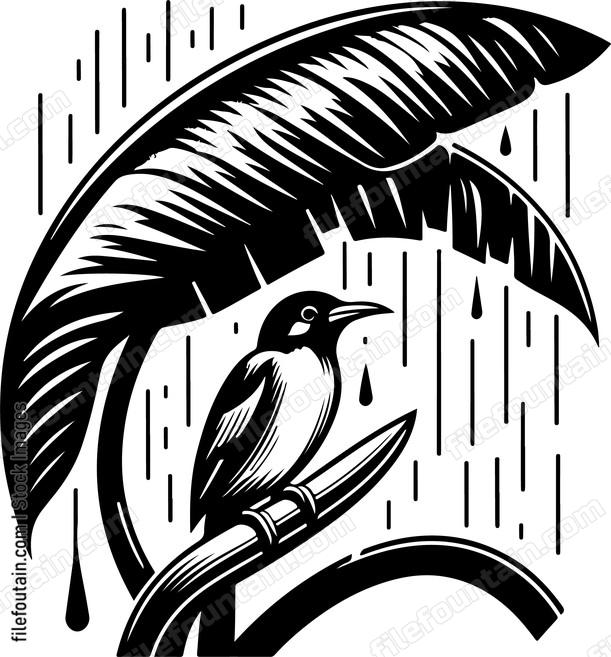 oriole seeking shelter under a banana leaf during a downpour