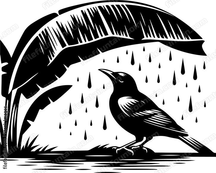 oriole seeking shelter under a banana leaf during a downpour