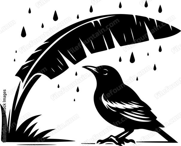 oriole seeking shelter under a banana leaf during a downpour