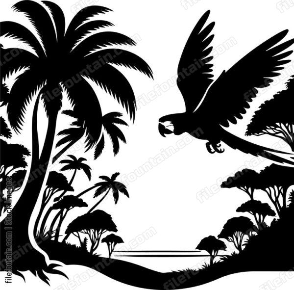 Parrot fluttering amidst a vibrant tropical rainforest