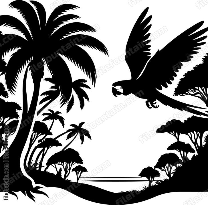 Parrot fluttering amidst a vibrant tropical rainforest