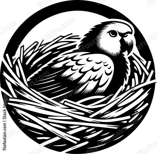 Parrot nestling comfortably in a cozy straw lined nest