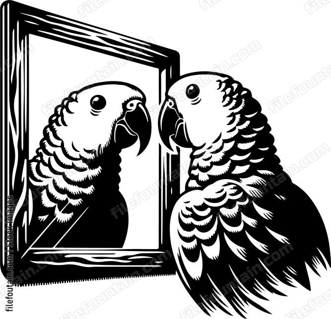 Parrot peering curiously at its reflection in a mirror