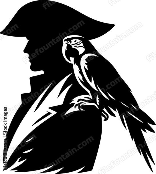 Parrot perched on a pirates shoulder aboard a ship