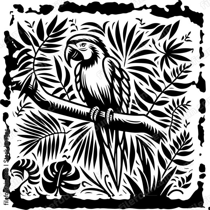 Parrot perched on a tropical branch amidst lush foliage